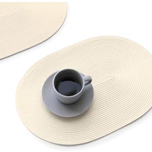 FunWheat Oval Braided Placemats Set of 6 Table Mats for Dining Tables Washable Heat Resistant Place Mats for Indoor Outdoor Use 12 x18 Inch(Oval Beige, 6pcs)