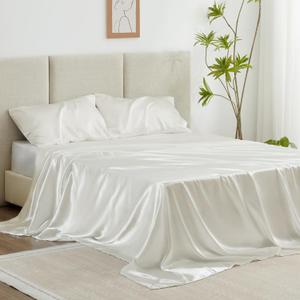 Love's cabin Satin King Sheet Sets - 4 Piece Ivory Silky Sheets King Size Bed Set with Deep Pocket, Luxury Silk Feel King Size Satin Sheet Set (1 Flat Sheet,1 Fitted Sheet,2 Pillow Cases)