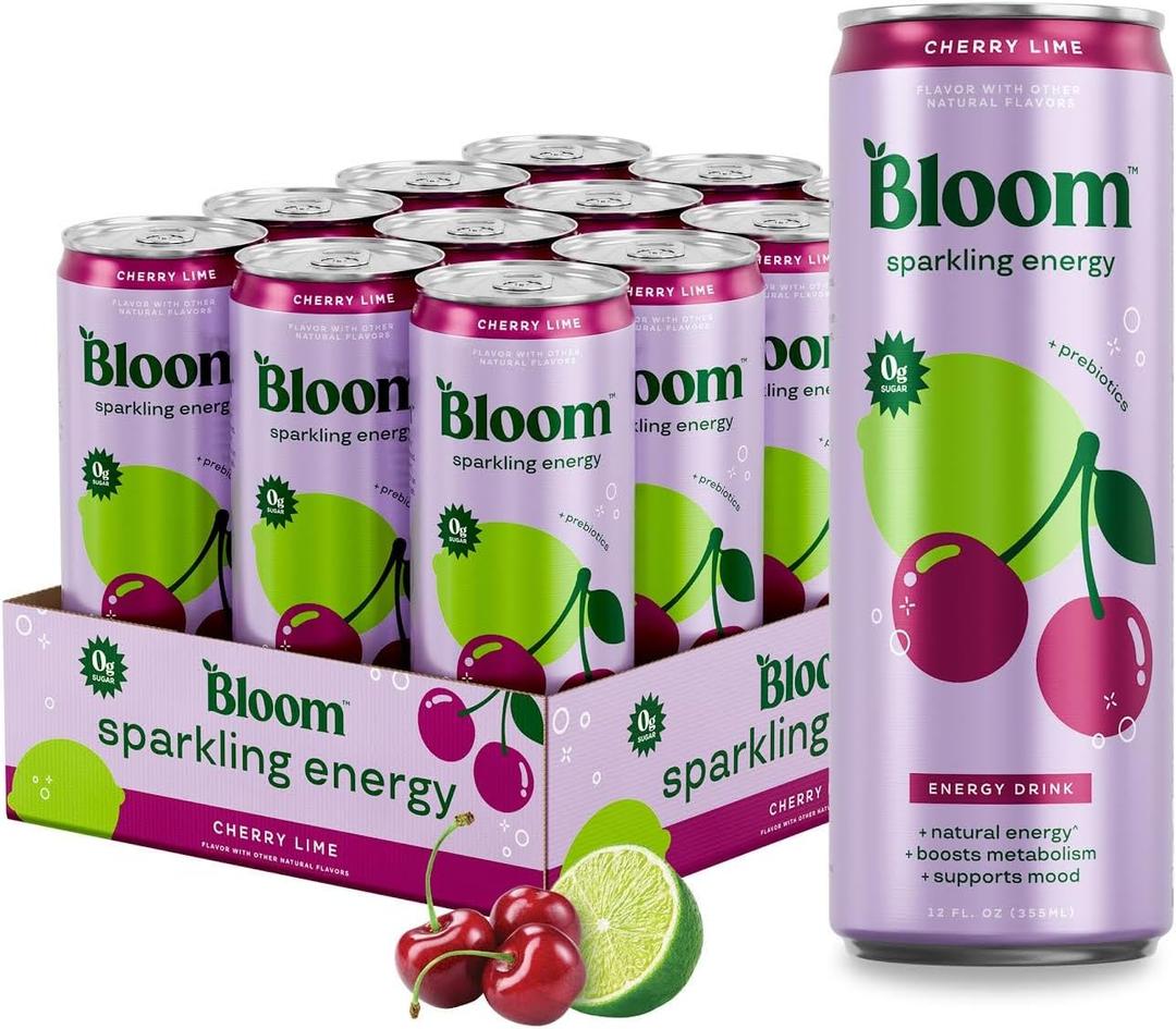Bloom Nutrition Sparkling Energy Drink - Natural Caffeine, Zero Sugar, 180mg Caffeine - Antioxidant-Rich w/Green Coffee Bean, Green Tea Extract, Prebiotics - Cherry Lime - 12oz 12 pk (EXP 01/20/27)