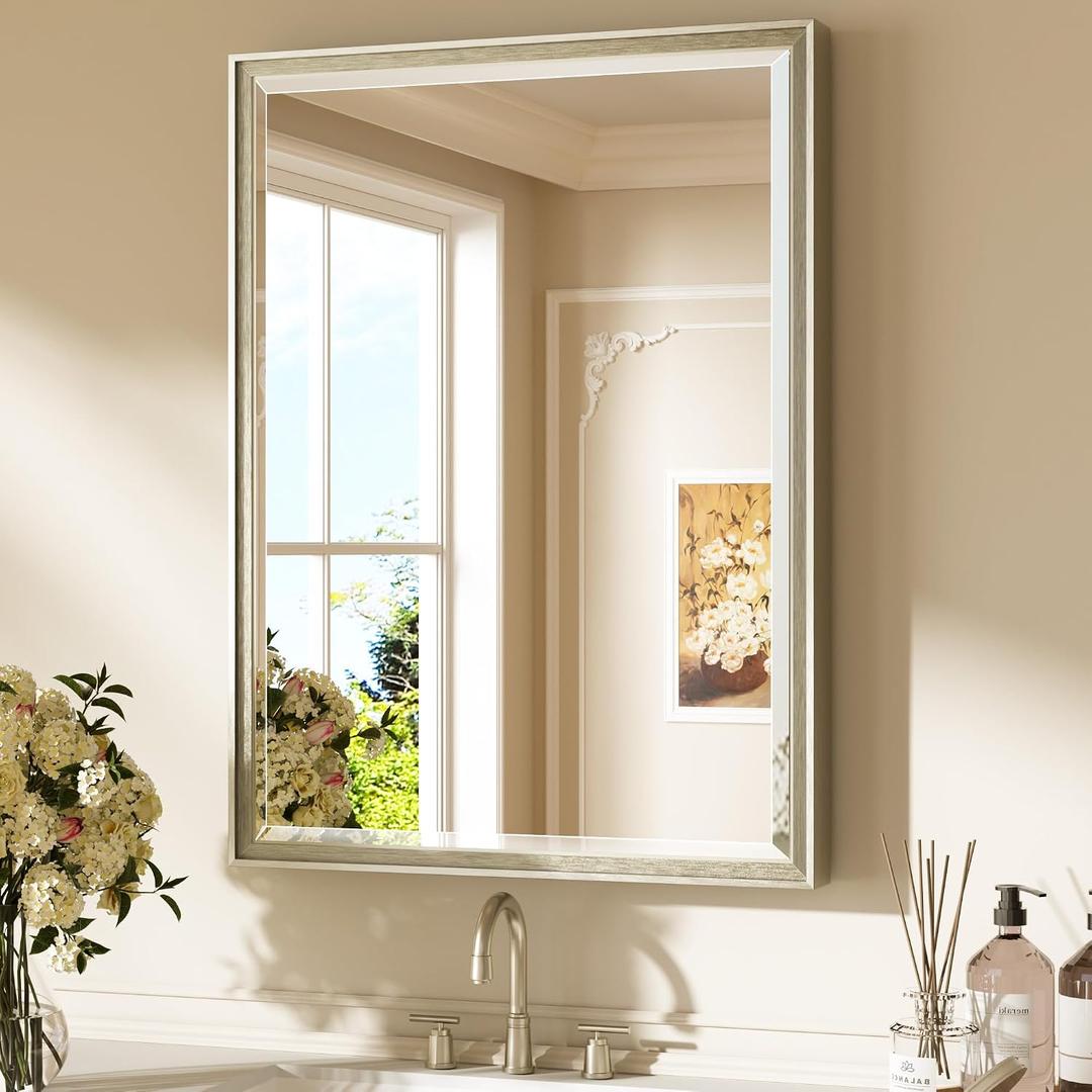 Keonjinn Brushed Nickel Bathroom Mirrors 24" x 32", Silver Metal Framed Mirror, HD Tempered Glass with Beveled Edge, Shatterproof, Lightweight, Modern Vanity Mirror for Decor, Vertical/Horizontal