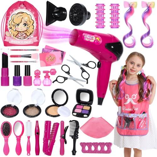 Hair Salon Toys for Girls, 36PCS Kids Pretend Play Makeup Sets, Dress Up Beauty Hair Stylist Toy Kit with Barber Apron, Hair Dryer, Curling Iron, Mirror, Scissors and Styling Accessories