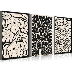 3Pcs Black Boho Flowers Plant Wall Art Abstract Botanical Floral Canvas Poster Vintage Bohemian Neutral Flower Prints Wall Decor Trendy Black Beige Floral Set for Bedroom living room Home Decoration