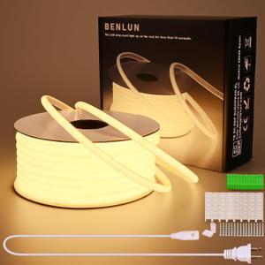BENLUN AC 110V COB LED Strip Lights 98.4ft, 3000K Warm White LED Rope Light Outdoor Waterproof, 10W/M CRI 90+ Flexible Cuttable, for Bedroom, Living Room, Garden, Commercial, House
