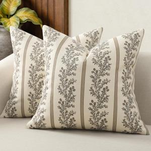 Vintage Throw Pillow Covers 20x20 Set of 2, Striped Floral Pillow Cover Botanical Patterned Decorative Cushion Covers Modern Farmhouse Home Decor for Sofa Couch Bed Living Room, Chocolate