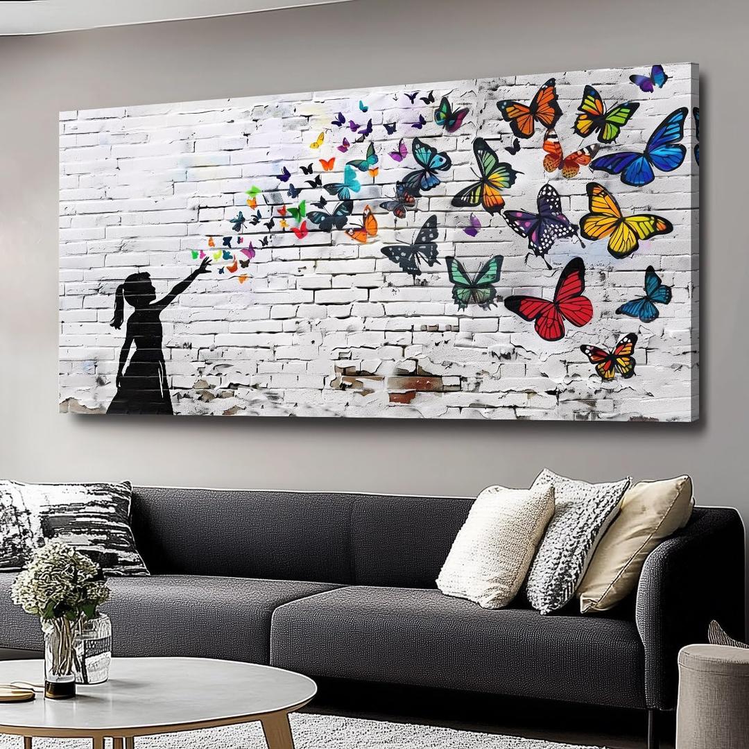 Canvas Wall Art Butterfly Girl - Modern Graffiti Paintings for Living Room, Bedroom Wall Decor, Framed Wall Art for Home or Office Decoration 60x120cm(24x48in) (48L" x 24W")