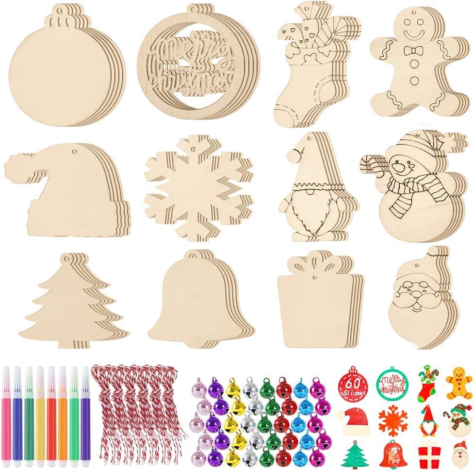 Virgooer 60pcs DIY Wooden Christmas Ornaments Unfinished 12 Styles Christmas Crafts for Kids, Wood Kit for Crafts with 8 Coloured Pen and 60 Jingle Bell
