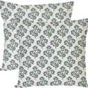 PANDICORN Block Print Pillow Covers 18x18 Inch Set of 2 Vintage Blue Green Floral Boho Outdoor Farmhouse Spring Summer Decorations Decorative Throw Pillow Cases for Home Couch Bed Living Room Decor
