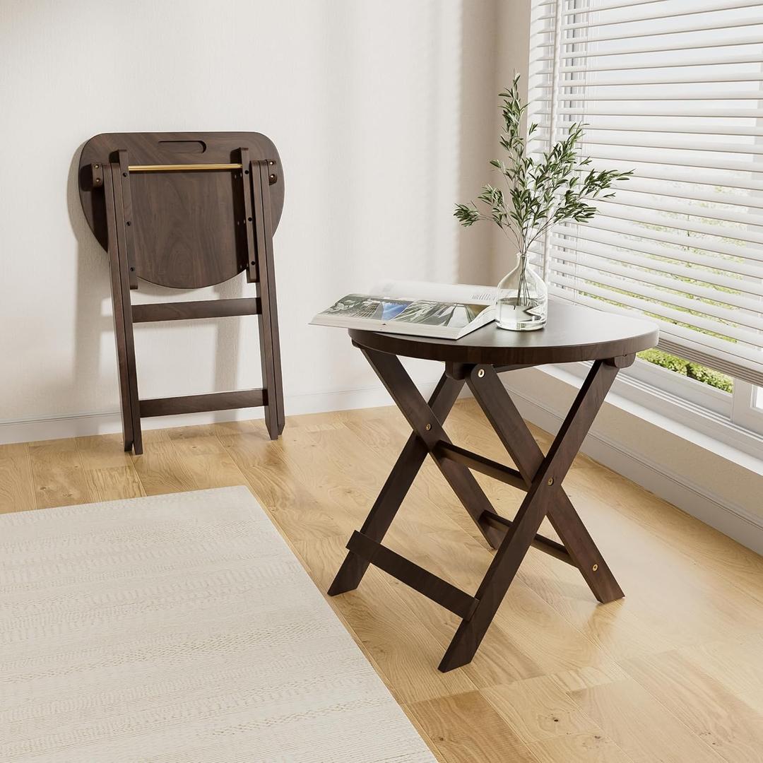 Vlush Solid Wood Folding Stool, Rubberwood Portable Chair with Handle, Sturdy Semi-Circular Folding Stool Chair for Dorm Room, Living Room, Kitchen, Bedroom, Dresser and Outdoor Dining Fishing, Brown