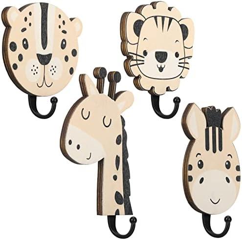 Qunclay 4 Pcs Decorative Wall Hooks Kids Wooden Baby Nursery Hooks Cute Safari Animal Construction Vehicle Towel Hanger for Childs Nursery Bathroom Bedroom Home Decor(Safari Animal)