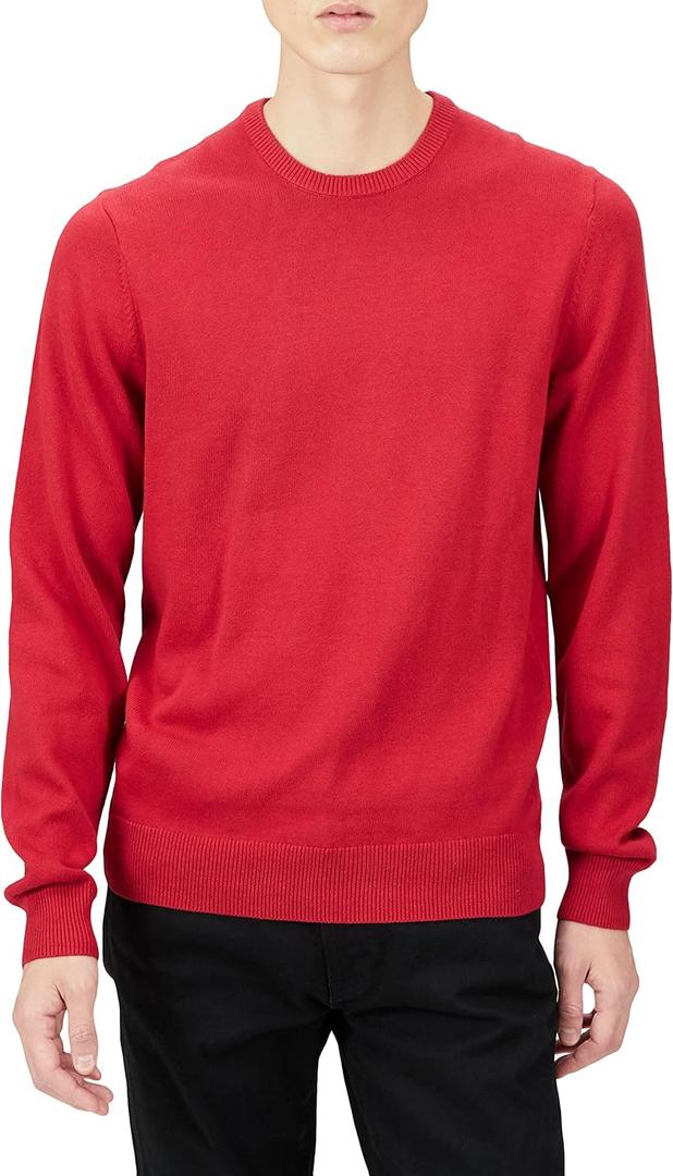 Mens Long-Sleeve Crewneck Sweater, 100% Cotton, Small, Red)