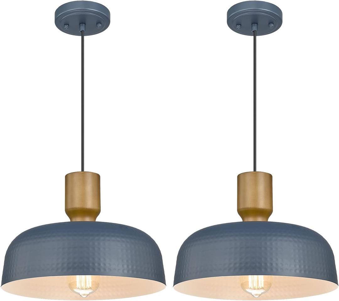 Darkaway Pendant Light Fixtures Ceiling Hanging with Hammered Metal Shade, Modern Pendant Light for Kitchen Island Lighting Hanging Lamp Adjustable Height, Medium 2 Pack (Blue)