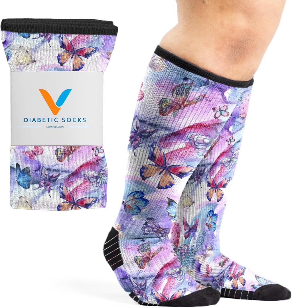 Viasox Compression Socks for Women and Men, Knee High Socks 12-15 mmhg Circulation Support for Flight, Travel, Daily (Medium, Butterfly)