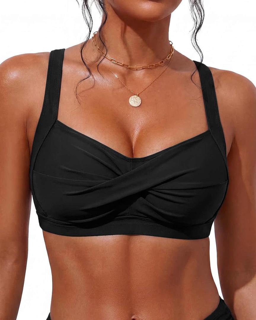Women's Twist Front Bikini Top Large Bust Sporty Padded Swimsuit Bathing Suit Tops Only (Black, S)