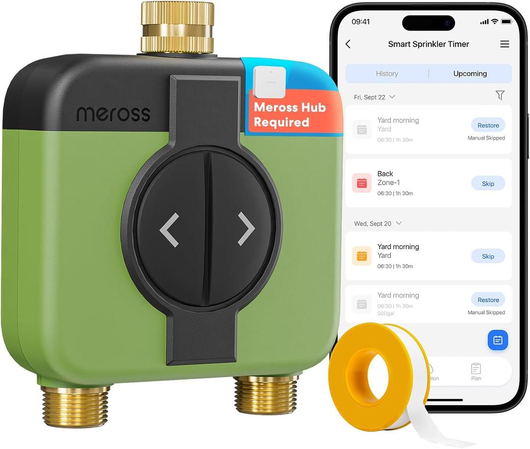 meross WiFi Water Timer for Garden Hose, 2 Zone WiFi Hose Timer with Brass Inlet and Outlet, WiFi Sprinkler Controller, Rain Delay, Smart Water Valve for Garden, Lawn & Yard, Hub Required