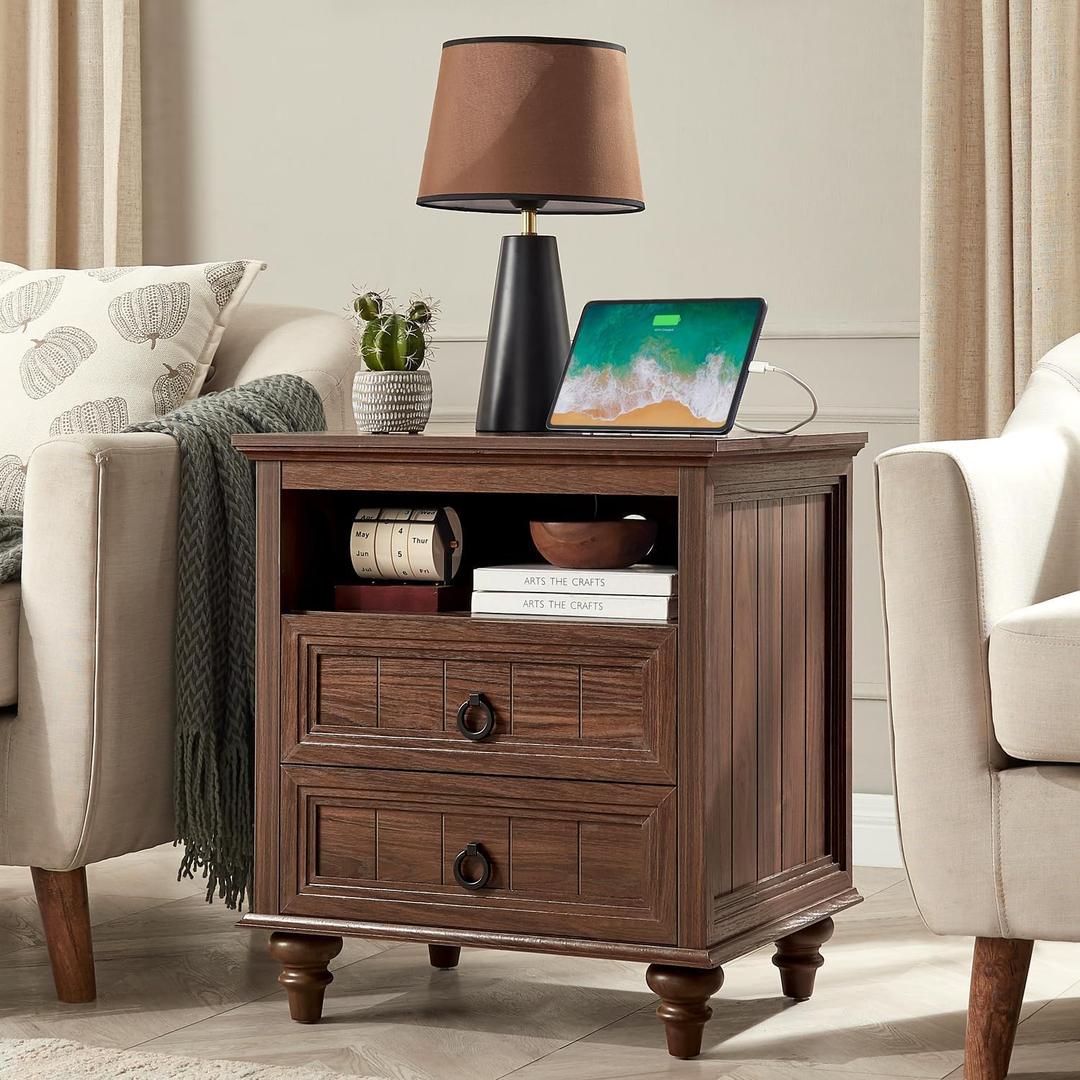 Farmhouse Nightstand with Charging Station, 22" Large End Table with 2 Drawers & Open Shelf, Rustic Wood Square Sofa Side Bedside Table w/4 Solid Wood Feet for Living Room, Bedroom,Walnut