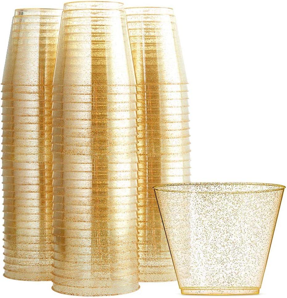 WDF 200pcs 9OZ Gold Cups,Disposable Premium Wedding Gold Glitter Plastic Cups for Party Baby Shower Wedding Spring