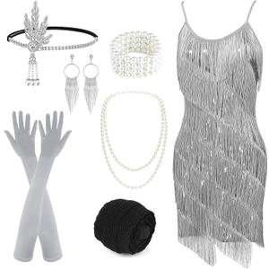 PLULON Women's 1920s Gatsby Sequin Fringed Vintage Flapper Dress Cocktail Party Dress with 20s Accessories Costume Set (Medium, Gray)
