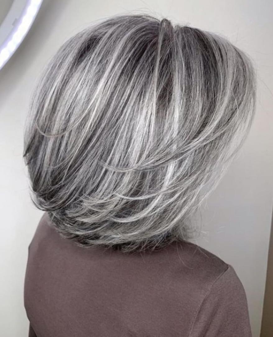 RENERSHOW Short Grey Bob Wig with Curtain Bangs for White Women Chin Length Gray Highlight Wigs Synthetic Natural Look Salt N Pepper Wig