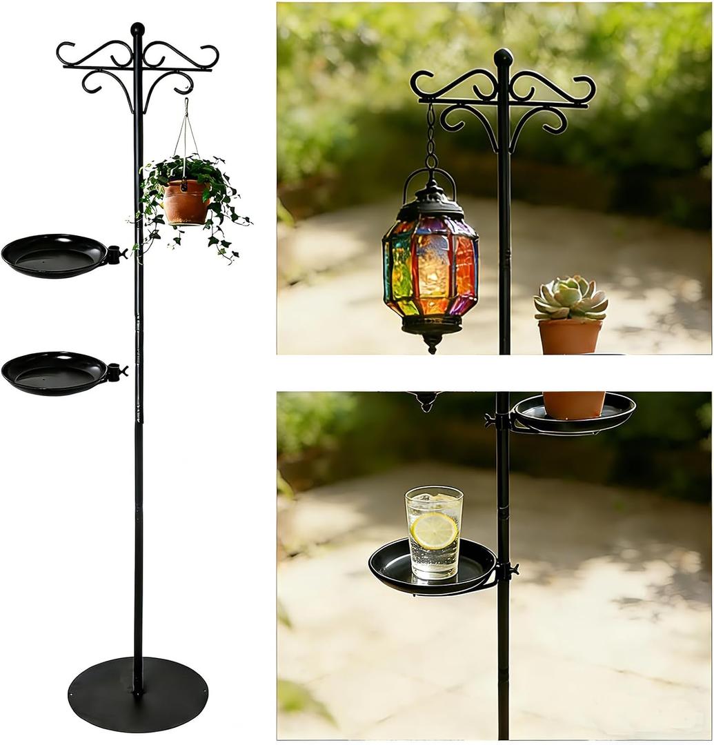 HadCamxs Metal Adjustable 75 Inch Shepherd's Hook Stand with 2 Placement Racks, Waterproof Hanger for Plants, Bird Feeders, Wind Chimes, Lanterns & Wreaths, Indoor Outdoor Decor