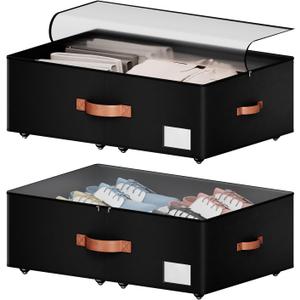 Underbed Storage With Wheels,Large Capacity 10 inches Height Storage Bins,Rolling Underbed Shoe Storage Containers,Underbed Storage Drawers for clothes & blankets (black, 10inch height)
