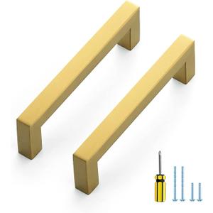 Ravinte 5 Pack Gold Cabinet Pulls 4-1/2 Inch Brushed Brass Kitchen Cabinet Handles Gold Square Kitchen Hardware for Drawer Pulls Come with Screwdriver