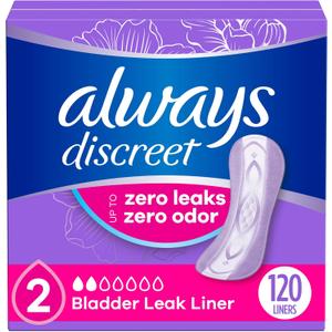 Always Discreet Adult Incontinence & Postpartum Liners for Women, Size 2, Very Light Absorbency, Regular Length, 120 Count (Packaging May Vary) (120 Count (Pack of 1))