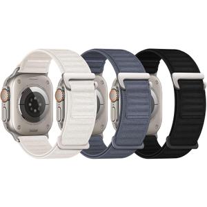Alpine Loop Bands - Compatible with Apple Watch Ultra 2 Band 49mm 46mm 45mm 44mm 42mm 41mm 40mm 38mm Men Women, Adjustable Metal G-Hook Stretchy Elastic Nylon Sport Strap for iWatch Series SE/10/9/8/7/6/5/4/3, 3 Pack