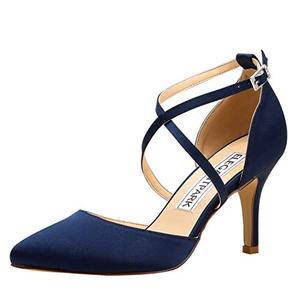 ELEGANTPARK HC1901 Navy Blue Heels for Women Closed Toe Wedding Shoes for Bride Pointed Strappy High Heel Bridal Shoes Pointy Satin Evening Prom Dress Pumps US 6