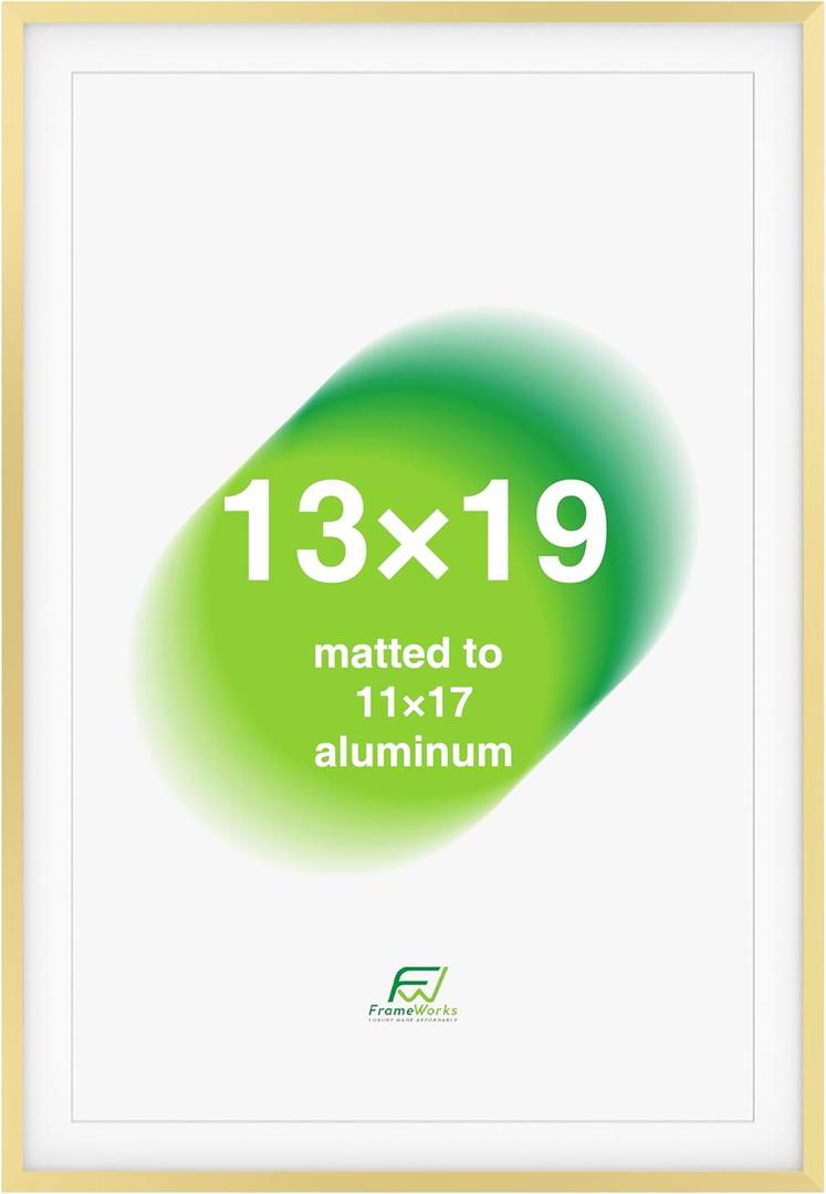 FrameWorks 13x19 Matted to 11x17 Picture Frame  Aluminum Frame w/Tempered Glass, Removable Mat for Photos, Posters, Art, Stylish Wall Frame for Home Decor, Gallery Walls, Office, Living Room - Gold