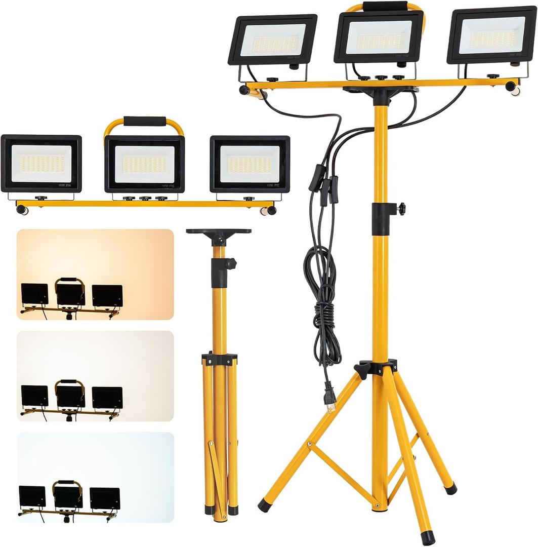 42000 Lumens Ultra Bright LED Work Light with Stand 3-Head Independent Switches Dimmable Flood Light IP66 Waterproof with 16FT Power Cable for Large Outdoor Jobsite Construction Farm