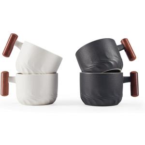 2.5oz Ceramic Espresso Cups with Wooden Handle, Small Coffee Cups Double Shot Espresso Cups Set of 4 (Black&White)