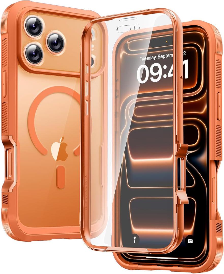 Diaclara Magnetic Designed for iPhone 17 Pro Case 6.3'' [Full Camera Protection] Full Body Bumper,[Compatible with MagSafe] Military Drop Proof Phone Case w/Built-in Screen Protector,Orange