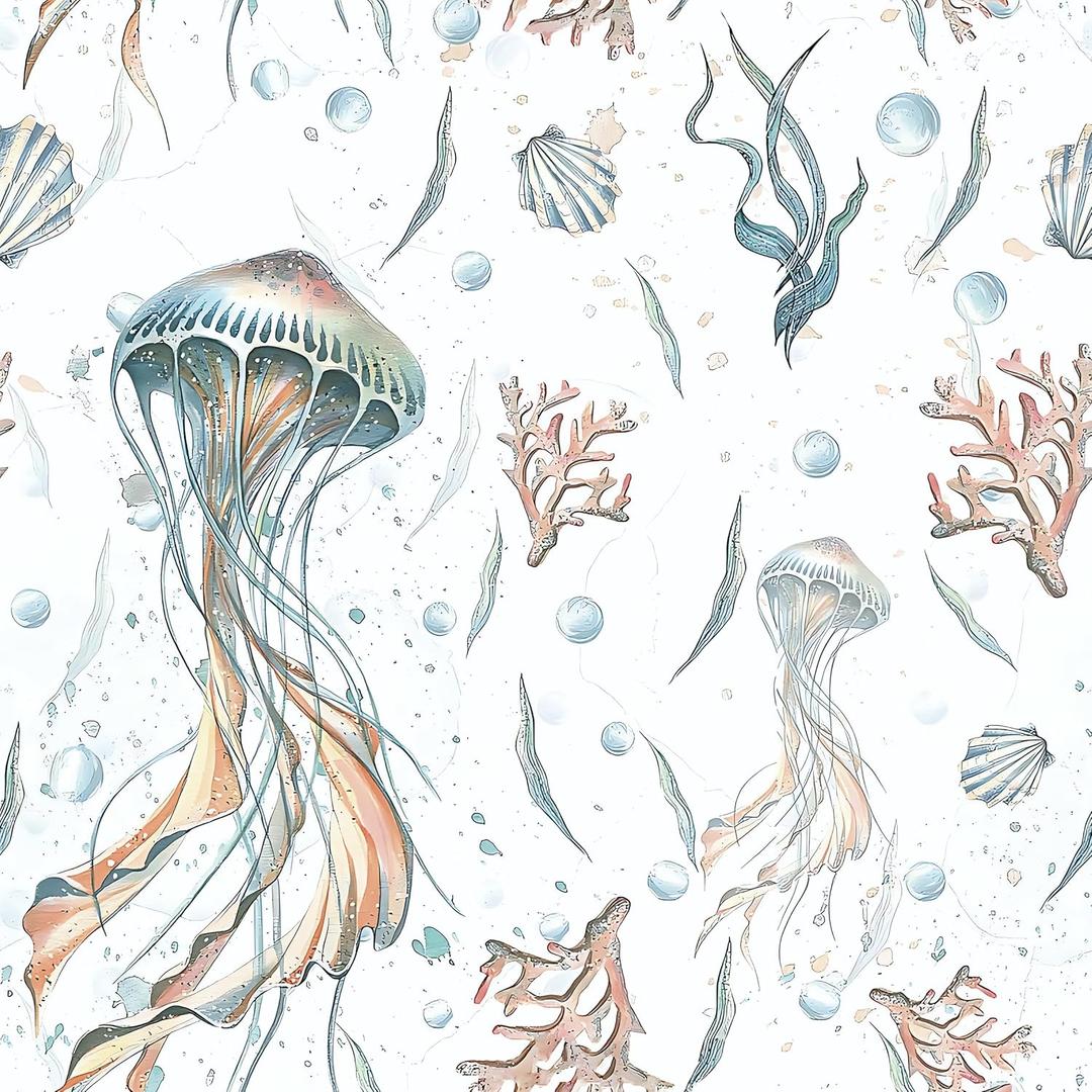 3 x HeloHo Peel and Stick Wallpaper Light Blue Wall Paper Ocean Jellyfish Seaweed Self Adhesive Removable Waterproof Contact Paper for Bathroom Living Room Decor Kids Room Wallpaper 16.1" X 118"