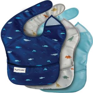 Tiny Twinkle Mess-Proof Baby Bib - Waterproof Bib for Baby Boy or Girl - PFAS, PVC, BPA, Phthalate Free - Baby Food Bibs (3 Pack, 3-pack Sea, Dino)