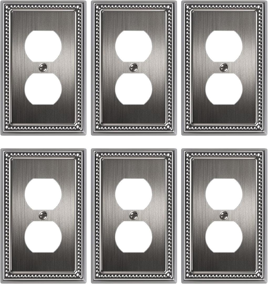 6-Pack Duplex Outlet Cover, Antique Silver Metal Wall Plates for Electrical Outlets, 1 Gang Receptacle Light Switch Cover, Pearls Beaded Decorative Switch Plates and Outlet Covers