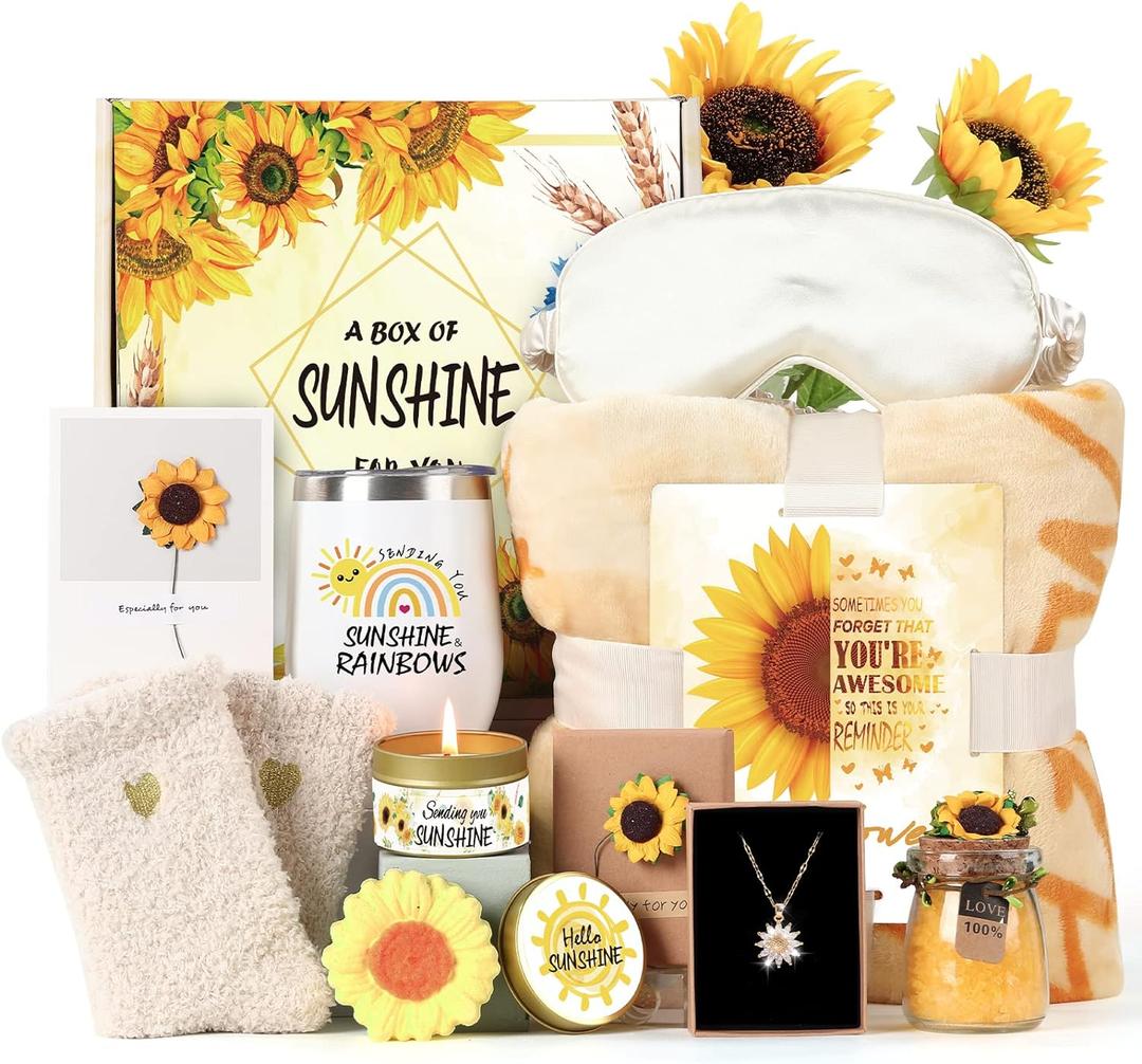 Sending Sunshine Gift, 11pcs Christmas Gifts Care Package Get Well Soon Gifts Basket for Friend Sister Her Mom with Inspirational Tumbler BlanketChristmas Gift, (Yellow)