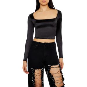 Forever 21 Womens Satin Square-Cut Crop Top (Black, XS)