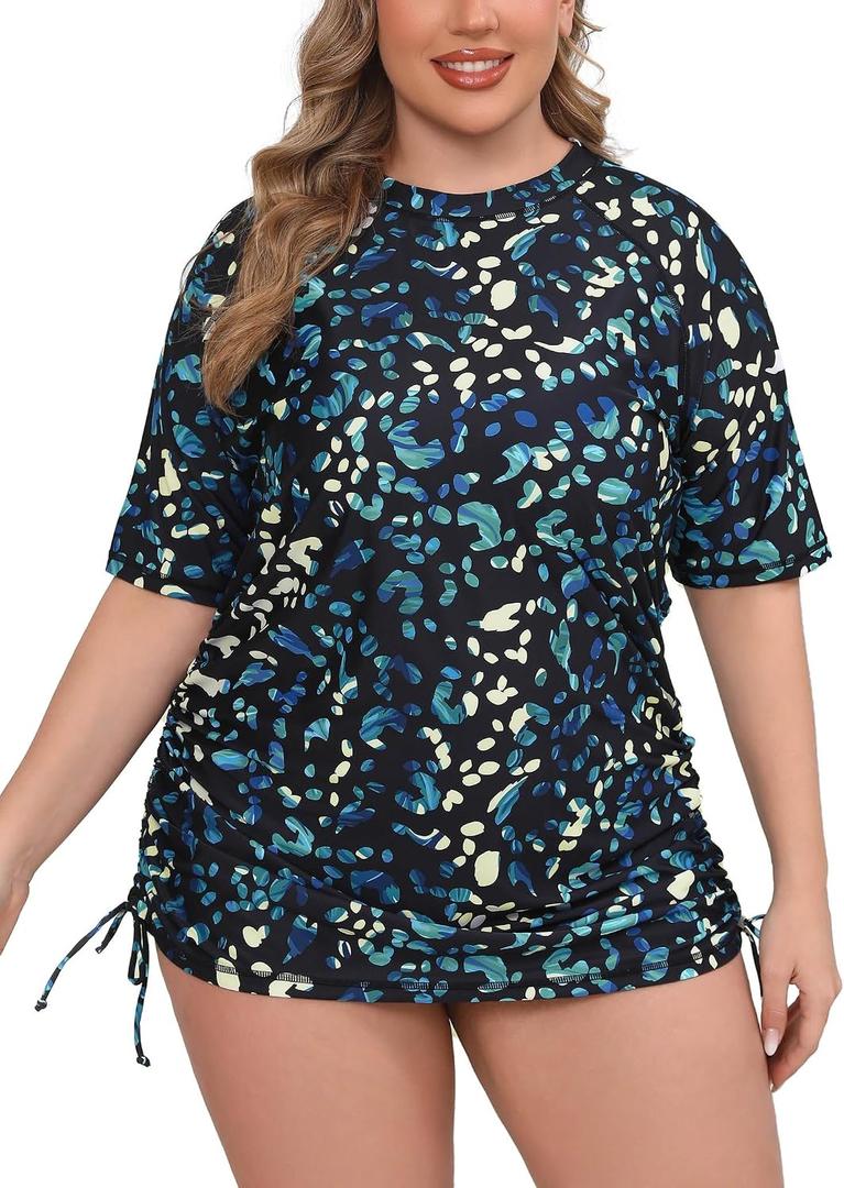 Halcurt Women's Plus Size Short Sleeve Rash Guard Swim Shirt Tie Drawstring UPF50+ Sun Protection Swimsuit Top Colorful Leopard 4XL