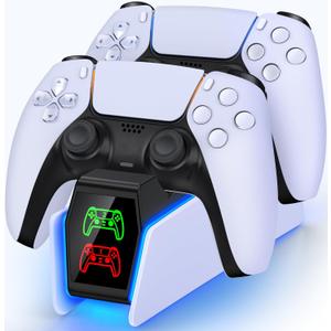 PS5 Controller Charger Station for PlayStation 5 Dualsense Controllers with LED Light Dual Stand Charger Dock, PS5 Controller Charging Station Accessories for PlayStation 5 Faceplates DualSense Edge (S-Charger, White and Black-RGB Charger)
