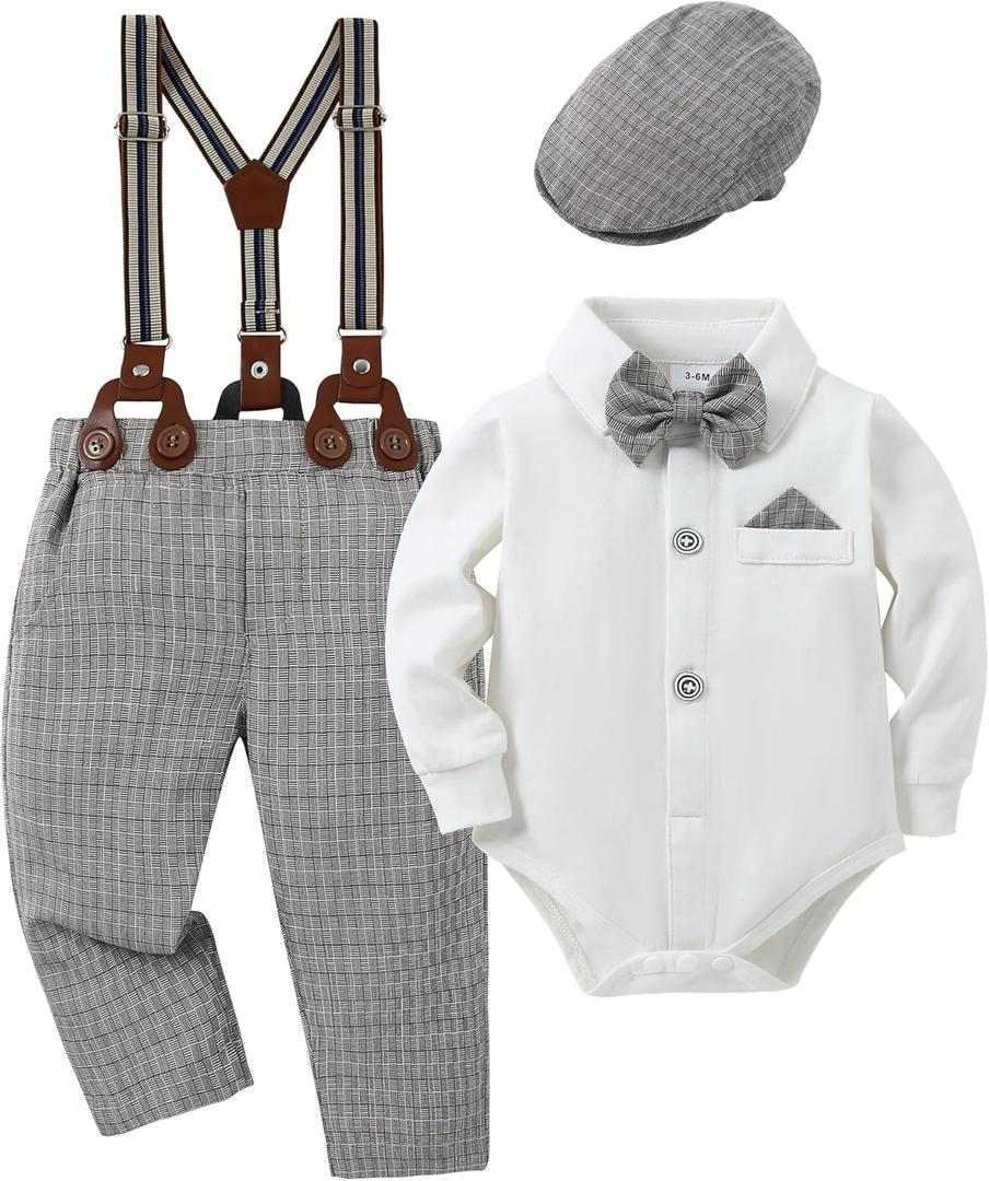 DISAUR Baby Boy Clothes Suits 4PCS Gentleman Outfit Dress Romper Beret Hat Suspender Pants Bow Tie Wedding Set (18-24 Months, White/Grey)