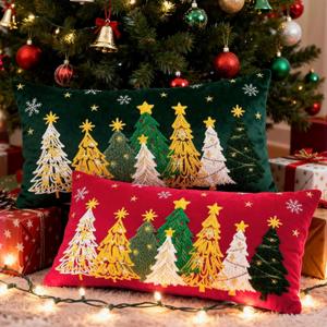 Lanpn 12x20 Christmas Pillow Covers Set of 2, Embroidery Cute Christmas Tree Decorative Holiday Lumbar Pillowcase Pillow Case Cushion 12 x 20 for Indoor Home Bedroom Sofa Couch Xmas Decor (Red & Green)