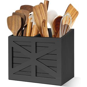 Wood Utensil Holder, Large Kitchen Utensil Holder for Countertop, Cooking Utensil Organizer for Flatware, Black Utensil Caddy with 2 Compartments, Rustic Utensils Organizer for Kitchen Counter (Black)