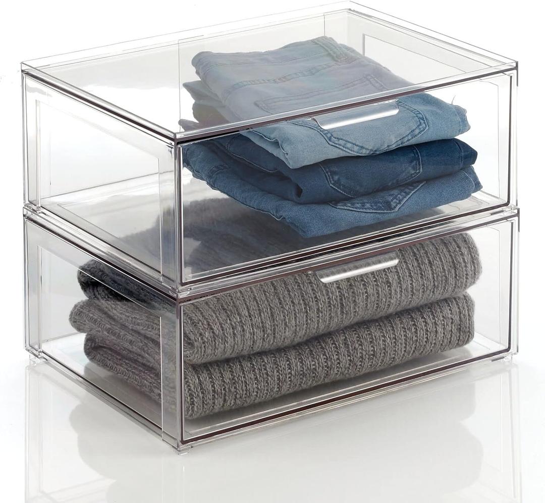 mDesign Plastic Stackable Closet Storage Organizer Bin Containers with Front Pull Drawer for Cabinet, Desk, Shelf, Cupboard, or Dresser Organization - Lumiere Collection - 2 Pack - Clear