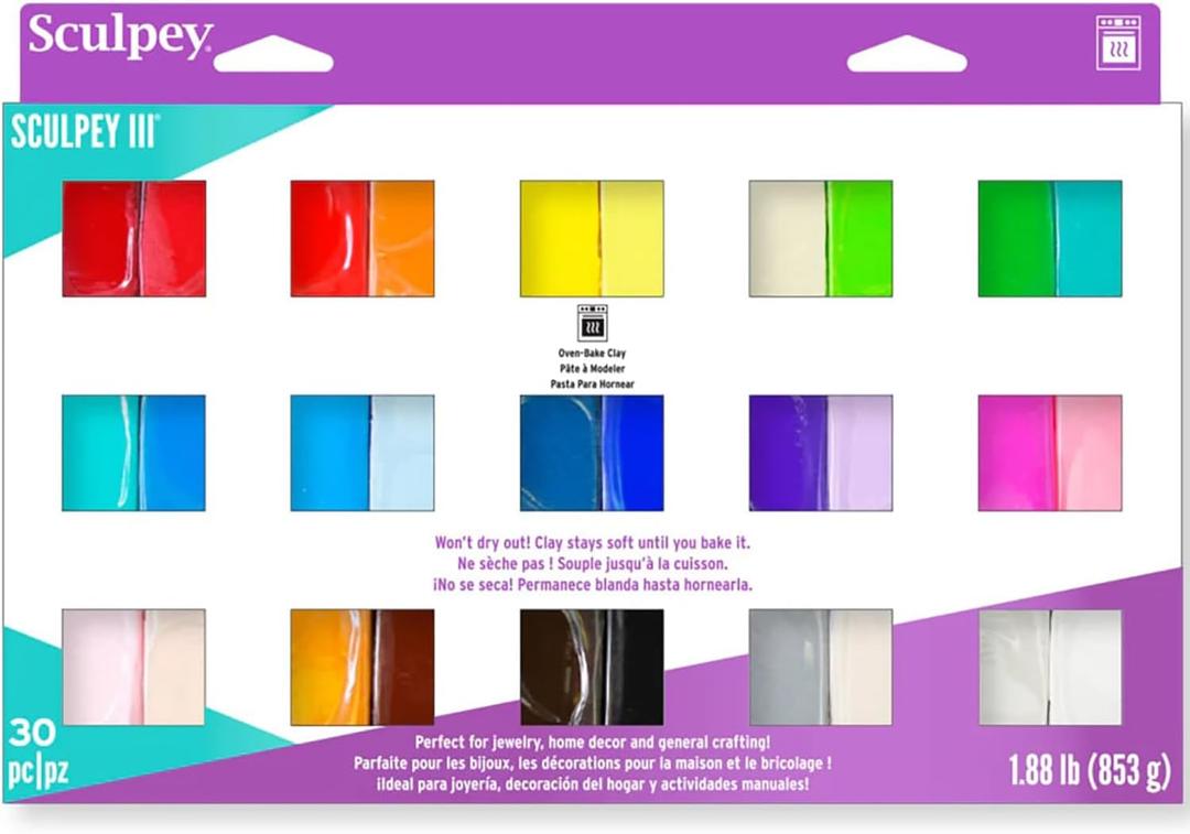 Sculpey III: Polymer Clay: Sampler Pack - (30) 1oz - Oven Bake Clay, 30 Colors, Non-Toxic, Sculpting, Create Jewelry & Crafts Projects, Art Supplies