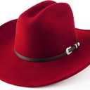 Western Cowboy Hats for Women Classic Felt Wide Brim Fedora Hat with Belt Buckle Retro Panama Hat Unisex Rolled up Cap
