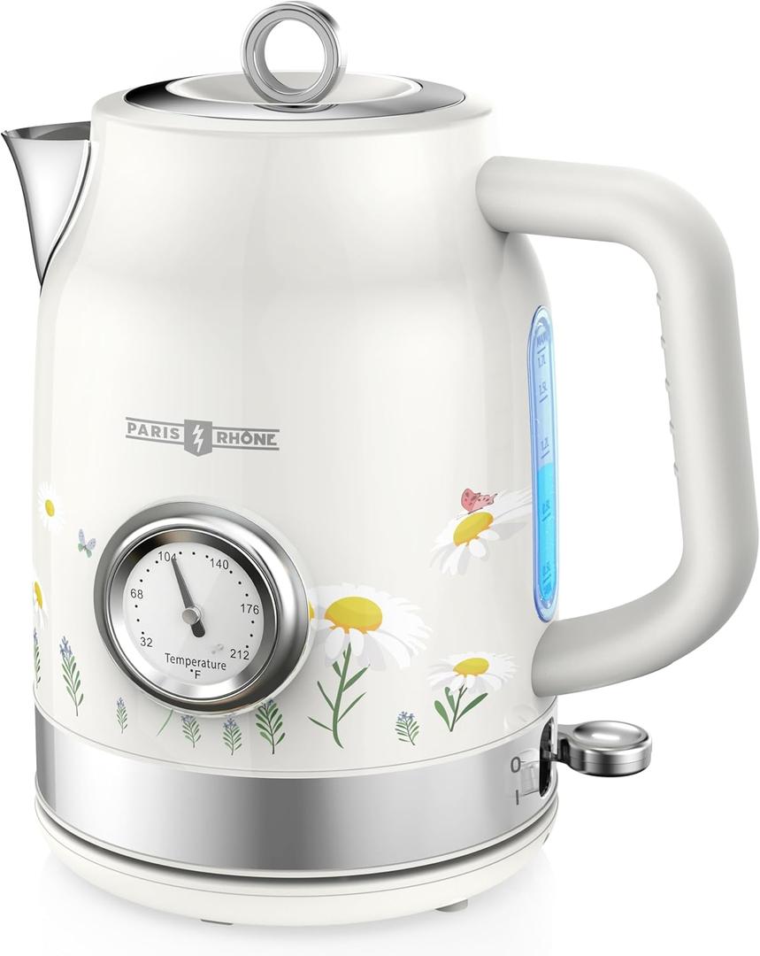 Retro Electric Kettle, PARIS RHNE 1.7L Hot Tea Kettle with Thermometer, 1500W Fast Heating, Cordless Design, LED Indicator, Auto Shut-Off & Boil Dry Protection (White)