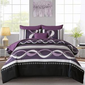 Anibedding Boho Comforter Set,8 Pieces Bed in a Bag Patchwork Striped Comforter Set,Boho Purple Bed Set King Size,Soft Microfiber Bedding Set for All Season(90"104")