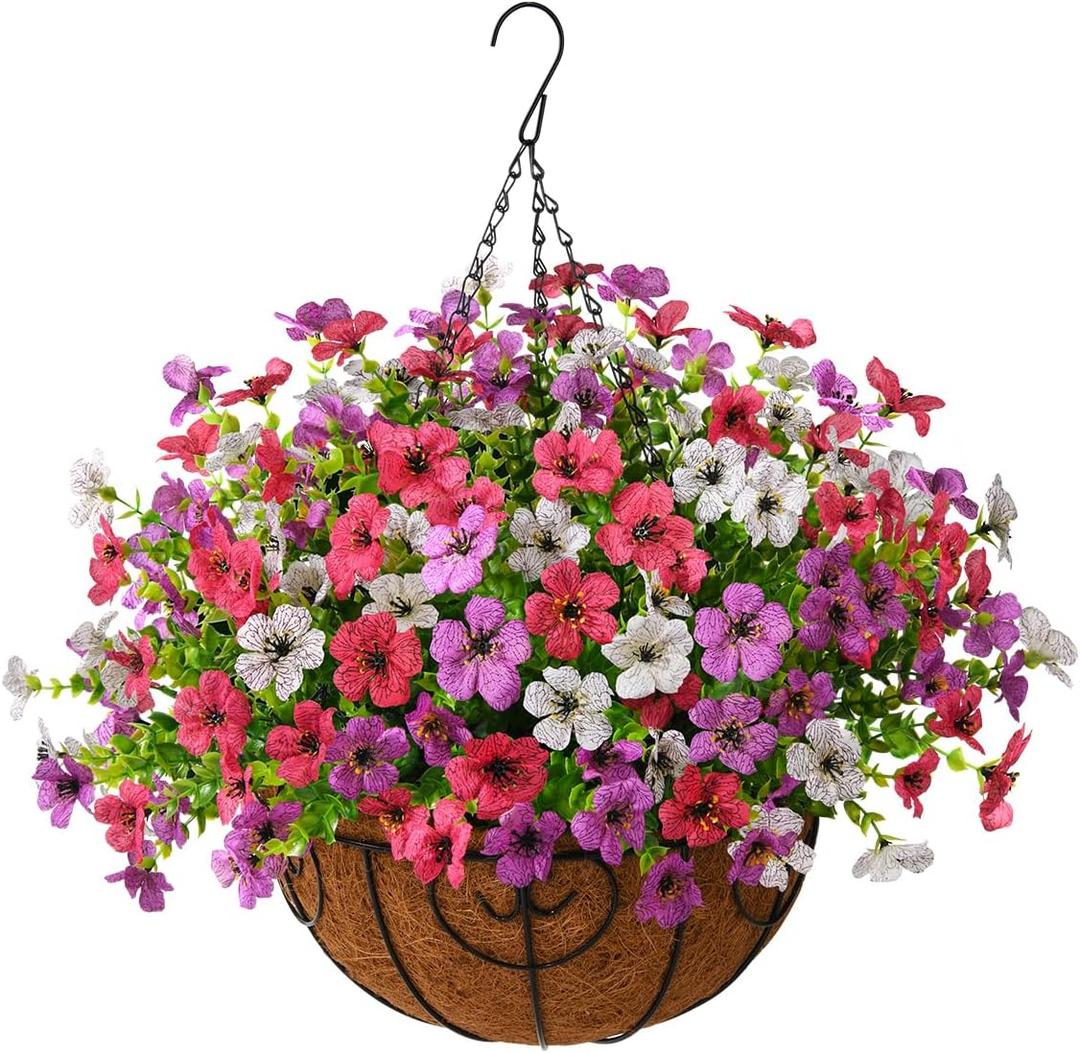 Artificial Hanging Flowers Basket for Outdoor, UV Resistant Plants Daisy | Faux Silk Daisy, Front Door Porch Planter, Patio Yard Garden Balcony, No Fade, Spring Summer Decor, Purple White Rose