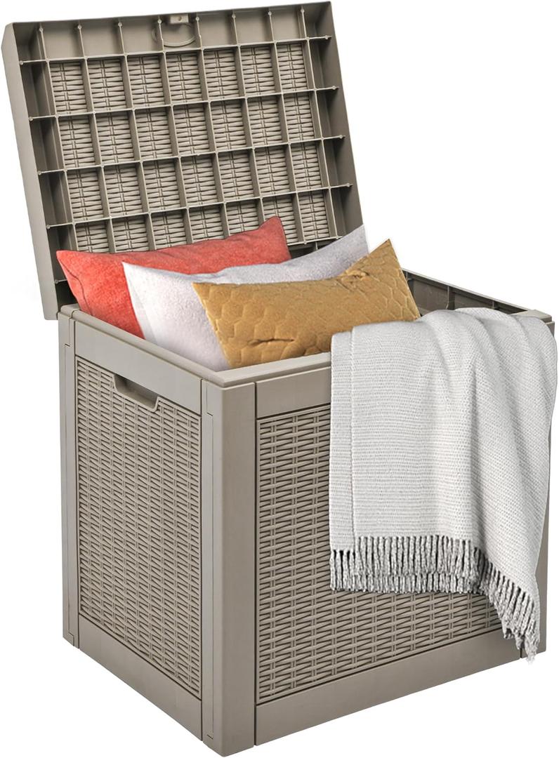 DWVO 32 Gallon Indoor Outdoor Storage Box, Resin Rattan Small Deck Box for Patio Furniture, Cushions, Garden Tools, Sports Equipment,Brown
