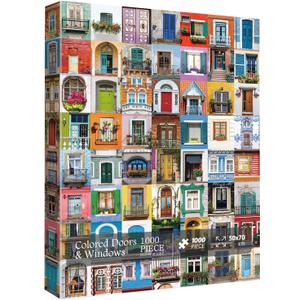 Colorful Doors and Window Jigsaw Puzzles for Adults 1000 Pieces, Vintage Jigsaw Puzzle, Funny Art Puzzles for Adults as Family Game Home Decor